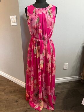 Sleeveless Fuchsia Floral Maxi Dress with Tie Waist